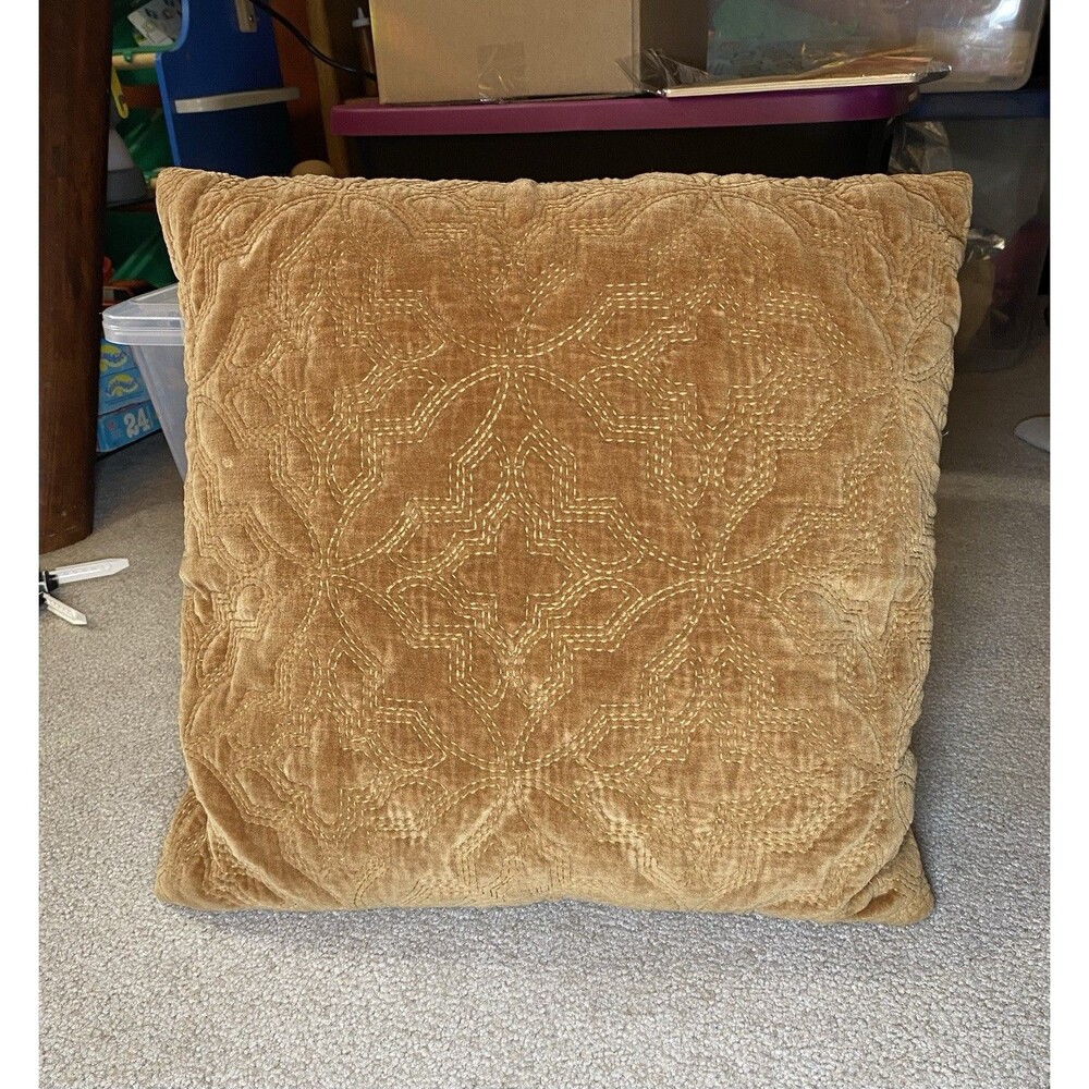 Gold Velvet Quilted Throw Pillow Geometric Stitched 16x16 Decorative Accent